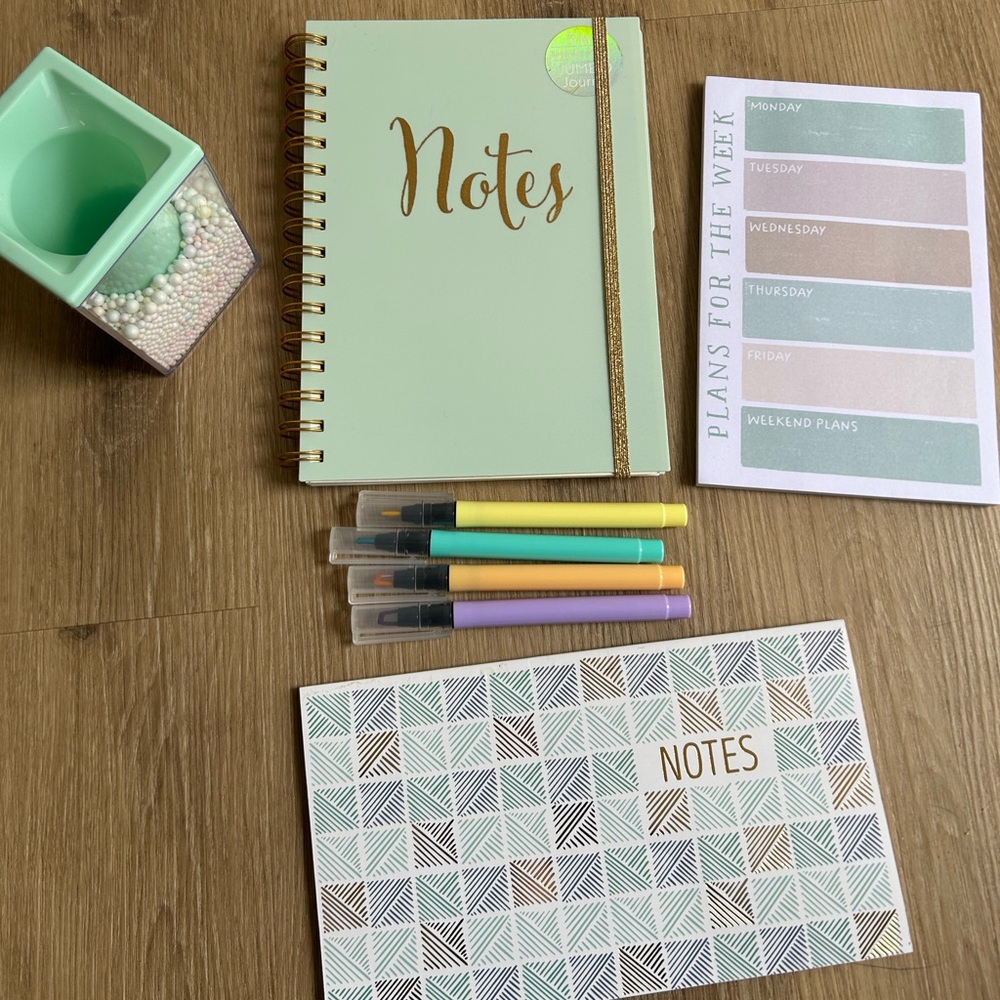 Mint Green Notes Spiral Notebook with Gold Accents - Home Office Notebook Bundle